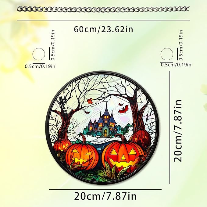 Acrylic Halloween Sun Catcher - 7.87 Inch Pumpkin Round Suncatcher for Window Hanging Decoration - Creates Indoor Rainbows Light Refraction - Spooky Ghost, Witch, Pumpkin Design