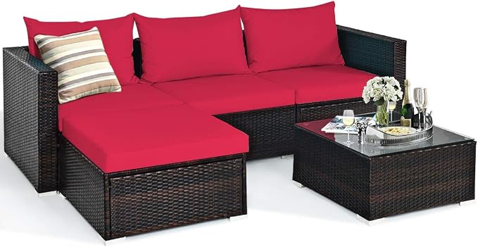 Tangkula 5 Piece Outdoor Patio Furniture Set, Sturdy Frame and Weight Capacity Up to 360 Pounds, Wicker Sectional Sofa Set with Glass Top Coffee Table, Porch Garden Poolside Furniture for 4 (Red)