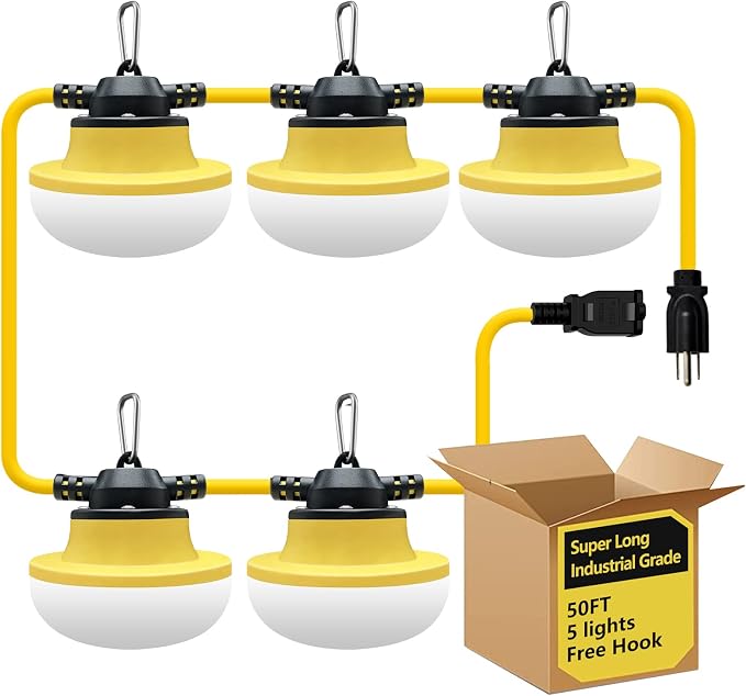New Upgrade 50FT Construction String Lights LED Industrial Grade 3Prong | Best for Construction Sites,Renovation, Walkways,Patio,Mine cave,Outdoor Lighting Solutions Use,Free for Climbing Hook