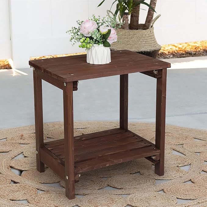 NOLLAM Outdoor Patio Side Table, Simple Design End Table with Wood Grain Tabletop and 2-Tier Storage Shelf, 20" x 14" Coffee Table for Outside Deck Porch Garden Backyard, Load 110 LBS, Light Brown