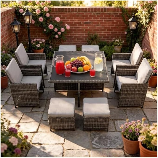 Gasee 9 Pieces Outdoor Dining Sets Patio Rattan Conversation Set Space Saving Wicker Chairs with Glass Table,Gray