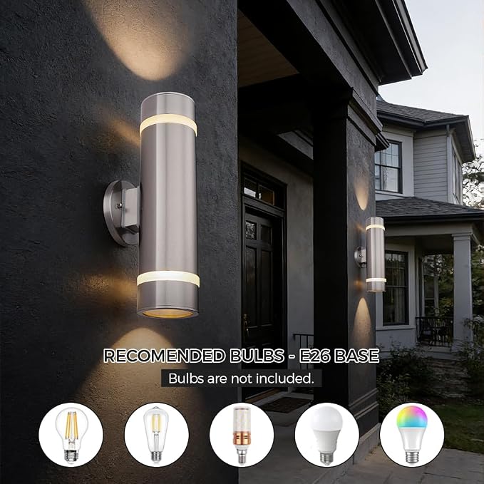 15" Stainless Steel Modern Outdoor Wall Sconce Cylinder Porch Light | E26 Base,UL listed,Brushed Nickel Up and Down Lights Outdoor Exterior Lighting Fixture for House Garage Patio Porch Garden