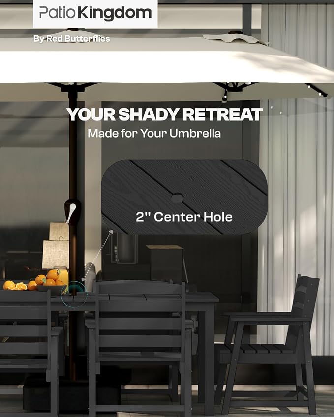 9-Piece HDPE Patio Dining Set for 8, 75.2" Table,Black | HDPE material, umbrella hole design, weather-resistant patio furniture, perfect for yard, lawn, garden, balcony, deck