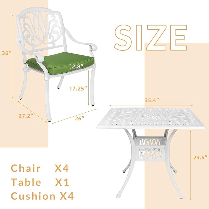 5-Piece Outdoor Patio Dining Set, All-Weather Cast Aluminum Patio Furniture Set for Backyard Garden Deck with 4 Chairs, 4 Cushions and 35.4” Square Table, 2.2" Umbrella Hole, White