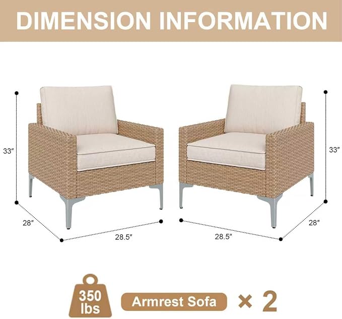 JOYURE 2 Pieces Patio Single Sofa Chairs Outdoor Sofa Armchairs with Anti-Slip Cushions and Waterproof Cover for Balcony,Deck,Beige