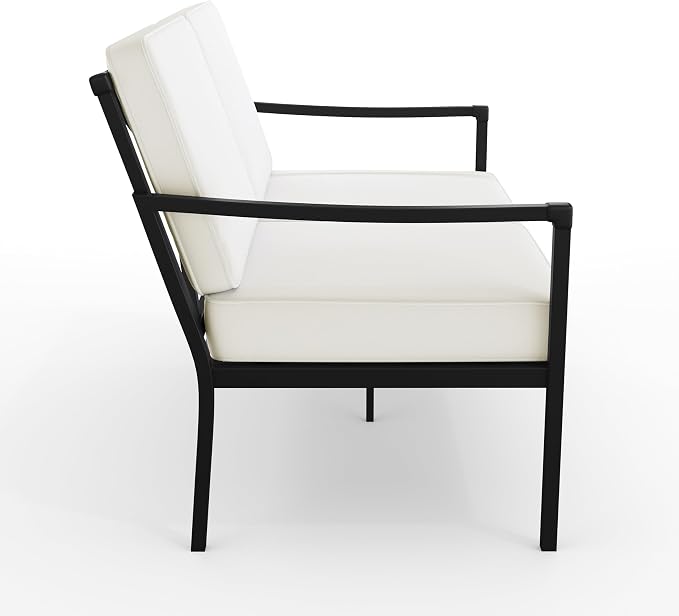 Martha Stewart Lily Pond 4-Piece All-Weather Conversation Set with Patio Loveseat, 2 Accent Chairs, and Coffee Table with Steel Frames in Black with Cream Cushions