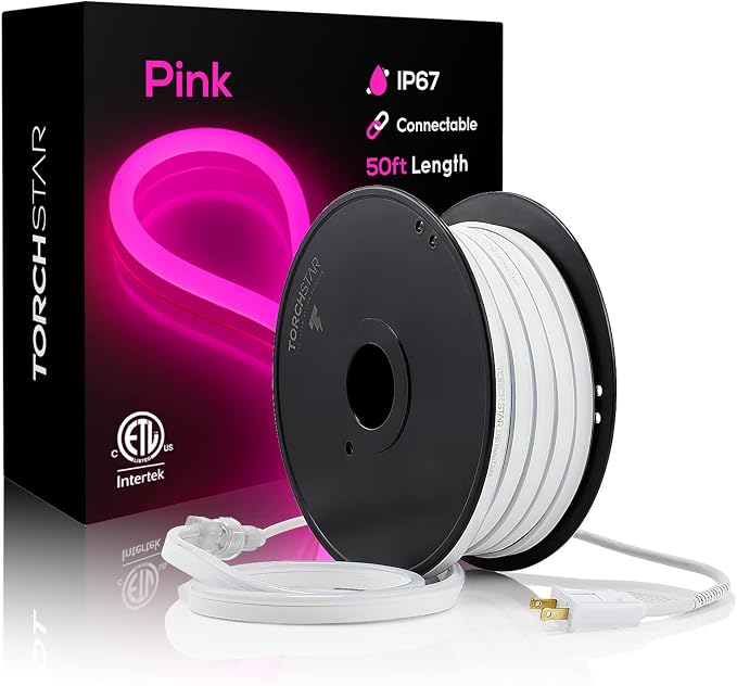 TORCHSTAR 50ft LED Neon Rope Light, Pink LED Strip Lights | Outdoor IP67 Waterproof, 120V UL Plug, ETL Connectable, Neon Light Strip for Shop Sign, Patio Decor, Max 2 Sets (100FT)