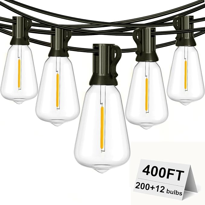 Outdoor String Lights Waterproof 400FT with 212 Patio Lighting for Porch | Connectable Outside Lights with Dimmable Shatterproof LED Edison Bulbs for Backyard Bistro Gazebo Garden Balcony Cafe Party