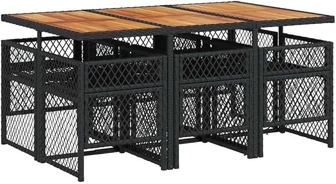 Afuera Living 7-Piece Poly Rattan Garden Dining Set, Black/Cream White, Acacia Wood Table, UV-Resistant Foldable Chairs, Removable Cushion Covers, Modern Style Outdoor Dining Patio Furniture, Seats 6