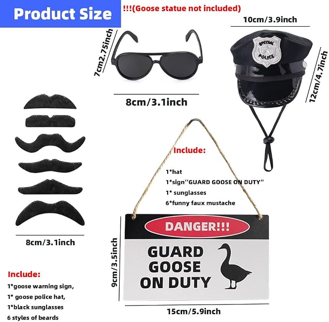 9pcs Goose Outfit,Porch Goose Outfits,Lawn Goose Statue Costume for 17"/23" Cement Patio Garden Outdoor Statue Decor,Police Hat Eyeglasses PVC Sign Danger Guard Goose on Duty (Police)
