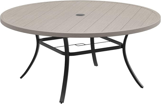 DIFY 60" Round Outdoor Patio Dining Table for 8-10, Metal Patio Table with 1.57" Adjustable Umbrella Hole, All-Weather Dining Furniture Table for Backyard Lawn Garden, Grey Wood-Like