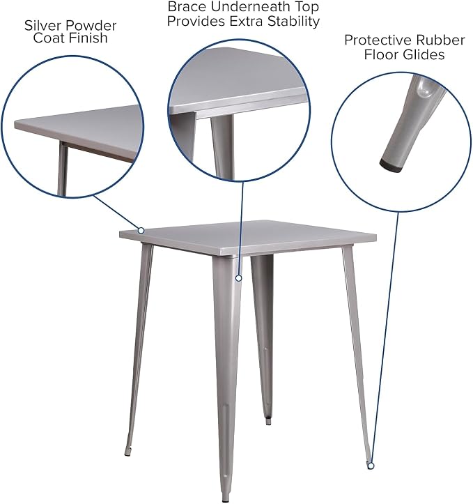 Flash Furniture Nolan Commercial Grade 31.5" Square Silver Metal Indoor-Outdoor Bar Height Table