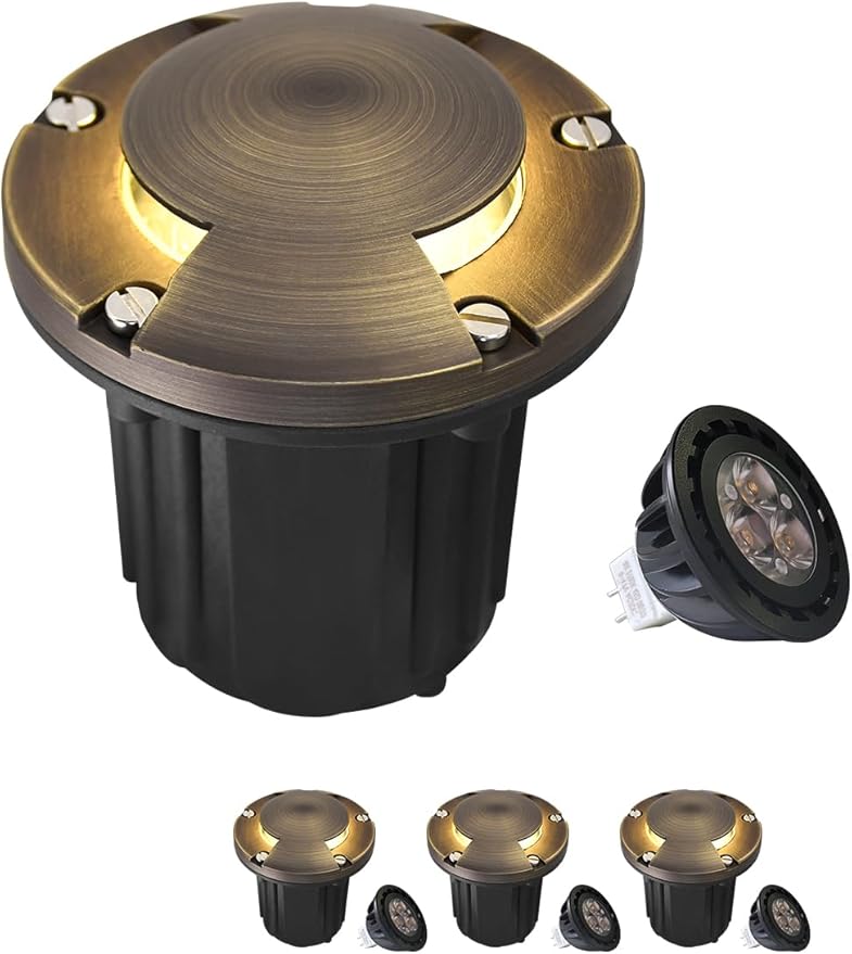MALORY Brass Top Cover Landscape Well Lights,(φ126 mm) 12V Low Voltage Outdoor In Ground Lights,Landscape Lighting for Pathway, Driveway and Garden (Two-Direction Turret, 4-Pack with Bulb)