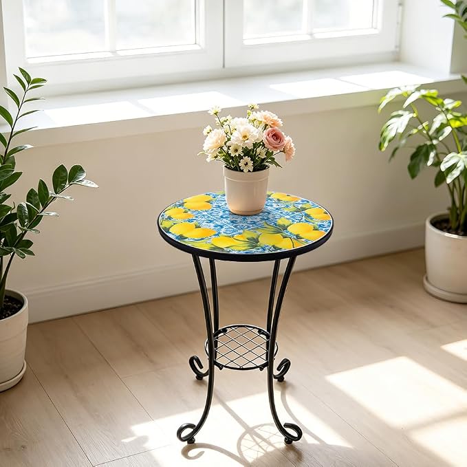 14 Inch Mosaic Patio Side Table with Scroll Legs, Indoor Outdoor Accent Round End Table with Ceramic Tile Tops for Yard, Garden, Living Room, Bistro, B - Lemon & Blue Tile