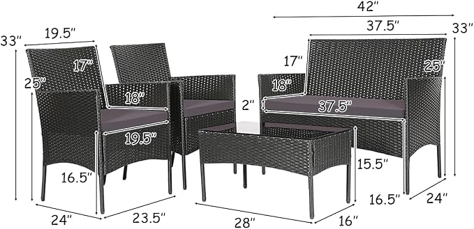 Tangkula 4 Pieces Patio Rattan Conversation Set, Outdoor Wicker Furniture Set with Tempered Glass Coffee Table &Thick Cushion, Rattan Chair Wicker Set for Garden, Lawn, Poolside and Backyard