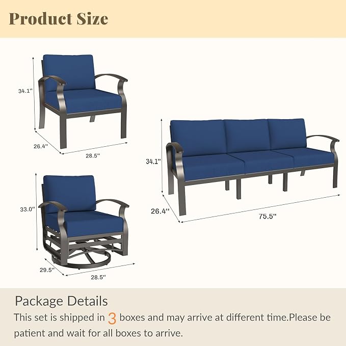 Aluminum Patio Furniture Set Patio Conversation Set,7 Seats Metal Modern Outdoor Furniture w/5.1" Cushions,Patio Sectional w/Swivel Chairs for Patio,Backyard,NavyBlue