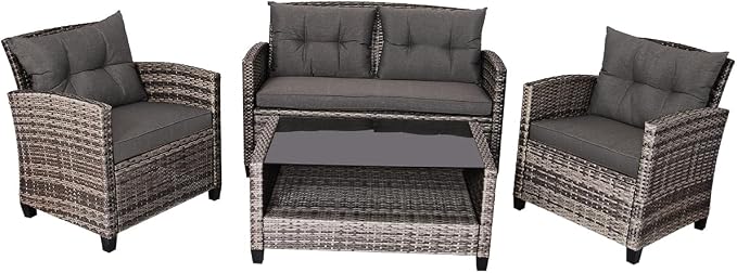 COSTWAY 4-Piece Patio Rattan Furniture Set, Cushioned Sofa, Loveseat and Tempered Glass Top Coffee Table, Outdoor Sectional Conversation Set for Garden Lawn Backyard (Gray)