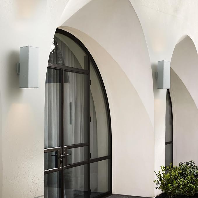 mirrea 18" Modern Outdoor Porch Light in 2 Lights, Matte White, 2 Pack | Patio wall sconce, aluminum rectangular tube, tempered glass, waterproof. Up & down lighting for outdoor wall mount fixture.