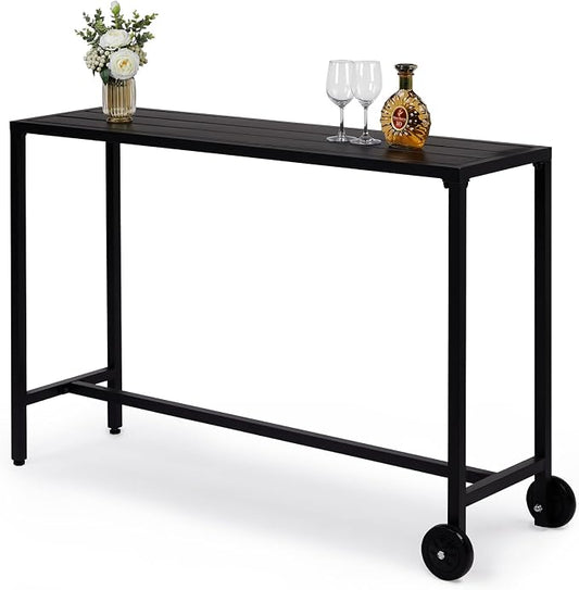 55" Narrow Rectangle Outdoor Bar Table, 380 LBS Capacity Waterproof Metal Table with Wheels & Adjustable Feet, Space Saving All Weather Bar Console Table for Patio Poolside Balcony Black