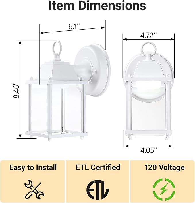 Outdoor Wall Light Fixture, Rustproof Aluminum, Clear Glass, LED | Exterior Porch Light Wall Sconce Lantern for House, Patio, Garage, Waterproof Anti-rust, 9.5W 800 Lumen, 5000K, White, 2 Pack