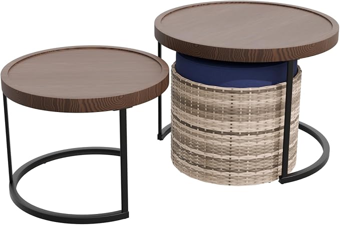 Cabana Chic Nesting Tables with Ottomans, Outdoor Round Side Table, Nesting Coffee Table Set, 2 Tables 1 Ottoman, Brown/Blue