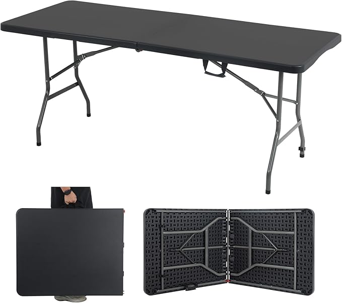 Dkeli Folding Table 6 ft | Portable Picnic Table | Folding Camping Table Heavy Duty for Outdoor Indoor Camping | Picnic and Party | Fold in Half with Handle and Sturdy Steel Frame - Black
