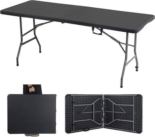 Dkeli Folding Table 6 ft | Portable Picnic Table | Folding Camping Table Heavy Duty for Outdoor Indoor Camping | Picnic and Party | Fold in Half with Handle and Sturdy Steel Frame - Black
