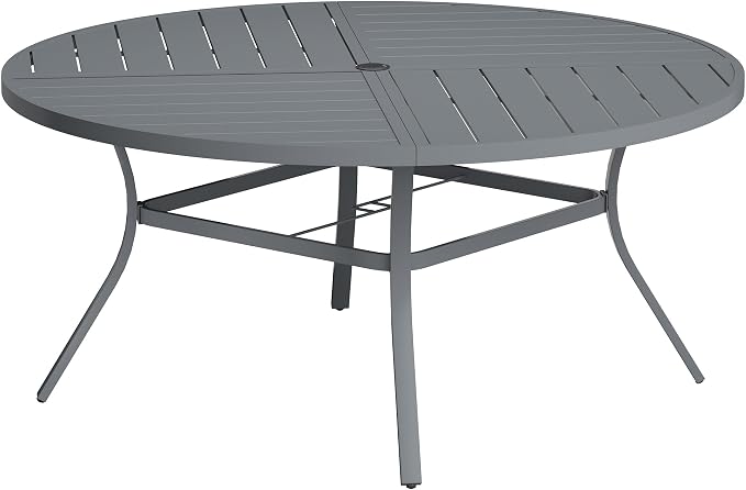 VICLLAX Round Patio Table with Adjustable Umbrella Hole for 8, All Weather Metal Outdoor Dining Table for Lawn Garden, 59.8" Outdoor Coffee Table, Grey Tabletop