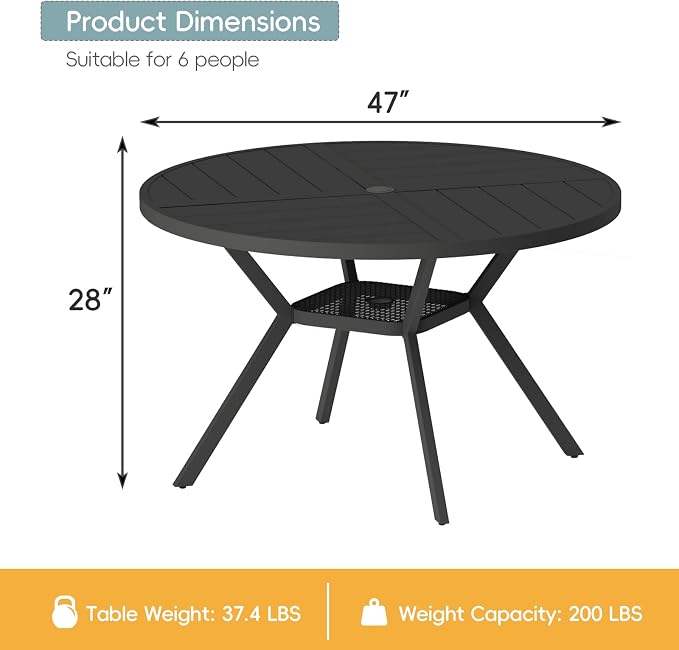 7 Piece Patio Dining Set for 6 Swivel Chairs and 47” Round Metal Table with Umbrella Hole, All Weather Patio Dining Furniture Set for Deck Lawn Backyard, Black Table and Navy Blue Chairs Set