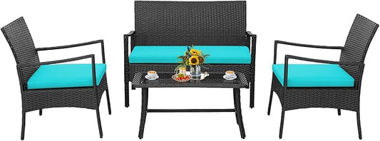 Tangkula 4 Pieces Rattan Conversation Set, Patio Sofa Couch Set with Tempered Glass Coffee Table, Seat Cushions, Outdoor Wicker Loveseat Set for Poolside, Courtyard, Balcony (1, Turquoise)