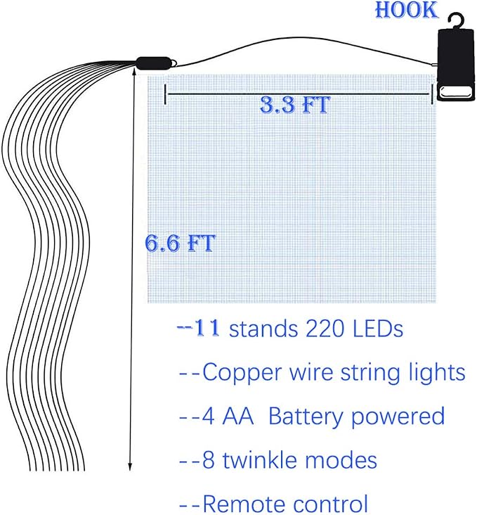 SHUKAN 220 LED Firefly Bunch Lights Battery Operated, 8 Flashing Modes Waterproof Copper Wire Waterfall Lights, Remote Controlled Timer and Hooks, Fairy Lights for Indoor Outdoor Decor (Warm White)