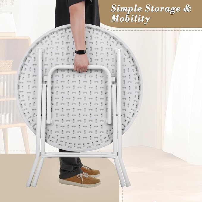 Athena Collection 2.6ft Folding Table, Portable Plastic Round Table Collapsible Card Craft Table with Steel Legs for Indoor Outdoor, Foldable Utility Dining Table for Commercial Camping Party, White