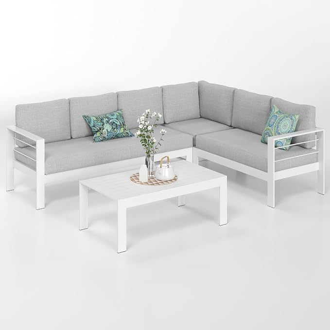 Solaste Aluminum Patio Furniture Set, Metal Patio Sectional Sofa with Imitation Wood Tabletop Coffee Table, Modern Outdoor Furniture Couch with Water-Resistant Cushion for Balcony Backyard, White