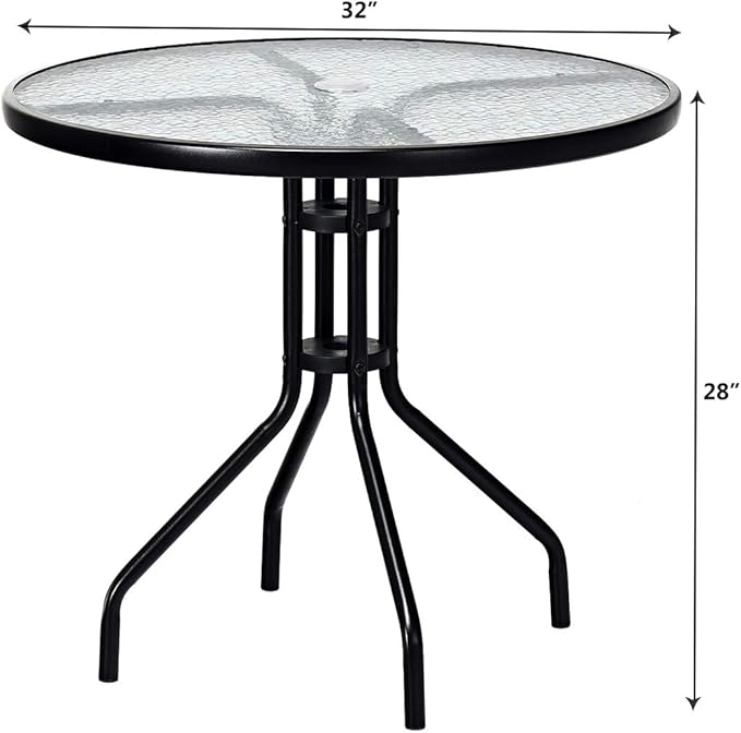 Goplus 32" Outdoor Round Patio Table with Umbrella Hole, All Weather Dining Table Tempered Glass Top, Bistro Table Coffee Table Furniture Commercial Party Event for Backyard Lawn Balcony Pool