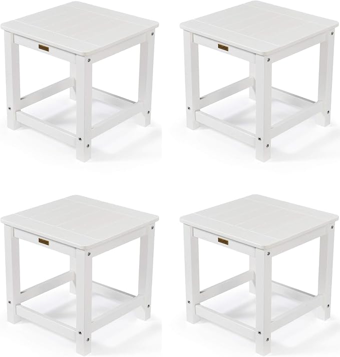 Outdoor Side Table Set of 4, HIPS Plastic Composite Adirondack Patio Table, Weather Resistant End Tables for Outside, Indoor, Patio, Garden, Pool, Porch, Backyard, Lawn, Deck - White