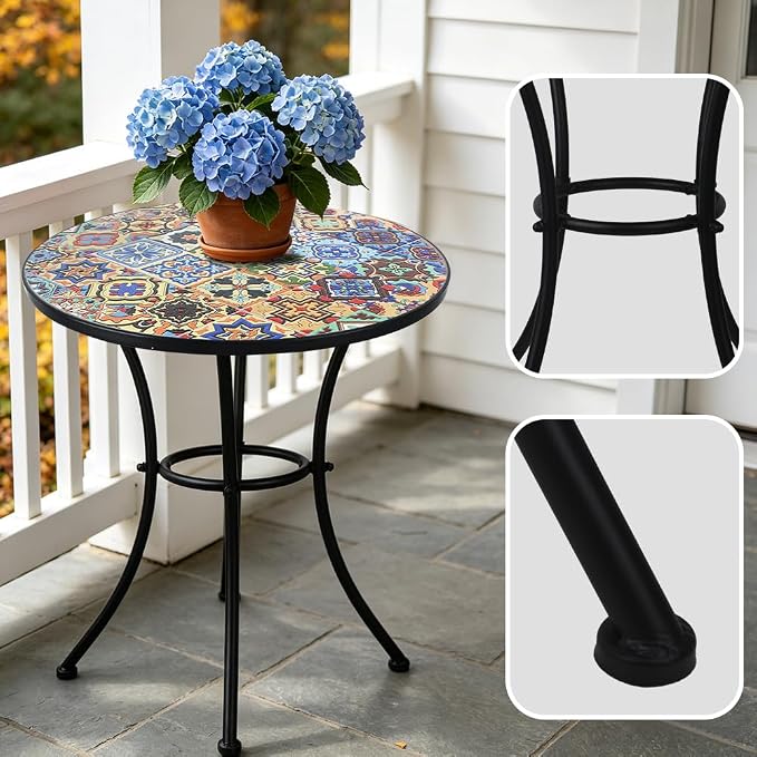 23.6" Outdoor Patio Mosaic Round Table Garden Bistro Accent Table | Ceramic Tile Waterptoof Side End Table Metal Frame Dining Table Furniture for Balcony Backyard Porch Poolside Terrace