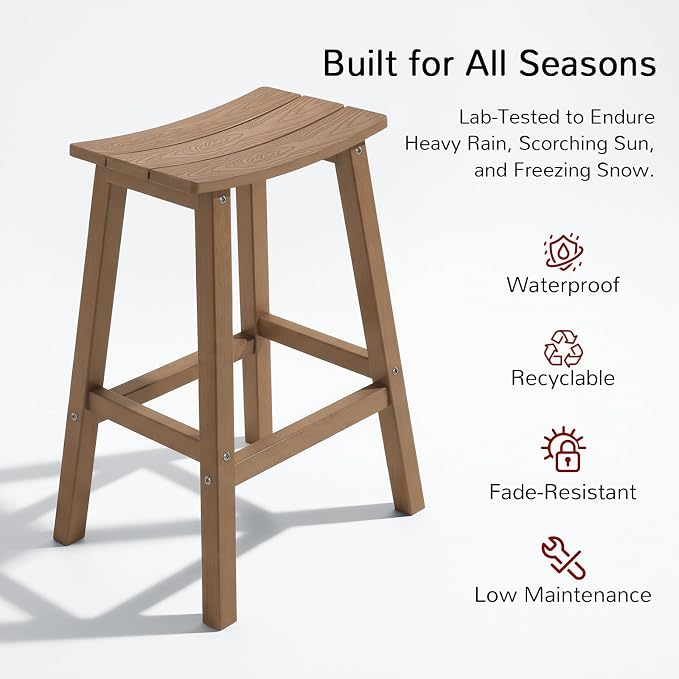 Stoog All-Weather Bar Stools Set of 2, 28" Outdoor Barstools with 400 lbs Capacity, Realistic Wood-Grain Texture, for Bar, Kitchen Counter, Pool & Patio, Teak
