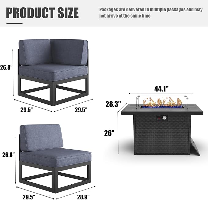 LayinSun Large Aluminum Patio Furniture Set with Fire Pit Table, 7 Pieces Modern Outdoor Conversation Set Sectional Metal Sofa Set with Olefin Cushion