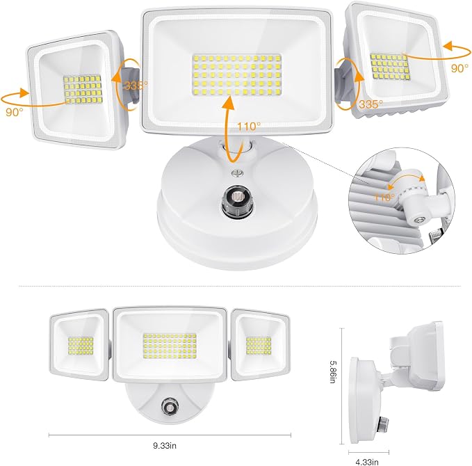 Onforu 80W LED Dusk to Dawn Flood Lights,8000LM White Exterior Security Outdoor Lighting,IP65 Waterproof Outdoor 3 Adjustable Heads Photocell Light Fixture,6500K Floodlight for Garage,Patio,Yard