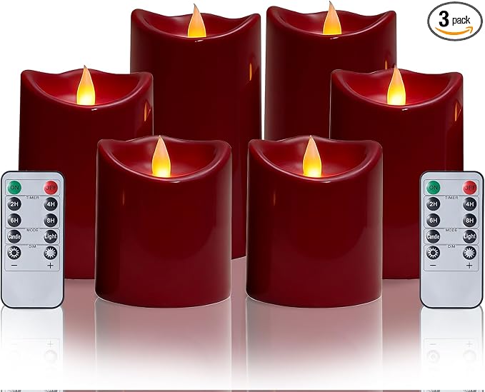3 Pack Flameless Candles with Remote & Timer Ivory Outdoor Waterproof Led Pillar Candles(D3“x H 4”/5”/6”), Battery Operated Candles for Home & Holiday Party Decor (Red, 6 Pack)