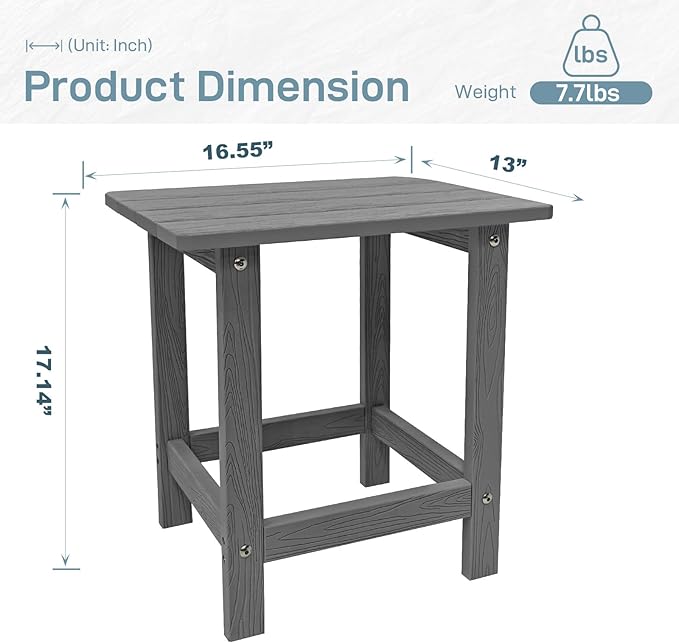 Meluvici Outdoor Side Table, HDPS Single Adirondack Side Table Weather Resistant, Table for Adirondack Chair, Outside End Table for Patio, Pool, Deck, Porch, Outdoor or Indoor Use, Grey