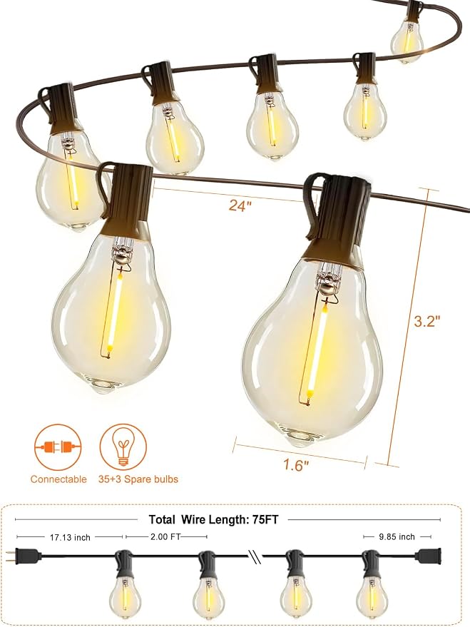 Outdoor String Lights 75FT Patio Light Waterproof for Backyard Porch Bistro | 2FT Bulbs Apart, 75 FT Connectable Outside Lighting with 38 Shatterproof Dimmable LED Edison Bulbs for Garden Balcony Party