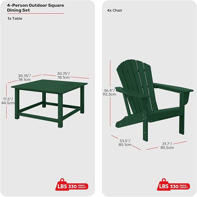 Costaelm Patio Conversation Set, Patio Chairs Set of 5 Balcony Firepit Furniture Outdoor Adirondack Square Table and Chair Backyard Furniture Set for Lawn Porch Pool Garden, Dark Green