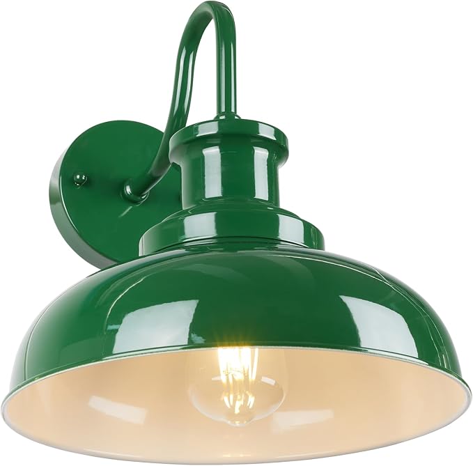 Outdoor Barn Light, Rustic Outdoor Wall Sconce, Farmhouse Exterior Wall Mount Light, Vintage Indoor Wall Lighting Fixture, Industrial Green Lantern Lamp for Porch, Garage, Patio, RZ007 GR+WH
