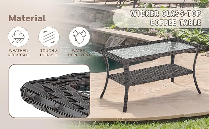 Swivel Patio Chairs sofa Set of 7 with 6" Thick Cushion - Wicker Outdoor Swivel Rocker Patio Chair ,Sofa/Glass coffee table, High Back Comfortable Outdoor Glider Chairs - Brown Wicker Beige Cushions