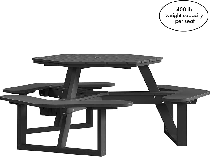 Shoreline Made in USA Hexagon Picnic Table, Seating for 6, Black Sand