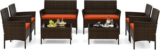 Tangkula 8 Piece Patio Rattan Conversation Set, Outdoor Wicker Furniture Set with Chair, Loveseat & Tempered Glass Table, Cozy Seat Cushions, Outside Sectional Sofa Set for Backyard (2, Orange)