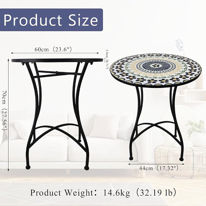 24 Inch Mosaic Patio Round Side Table with X-Curved Legs Indoor and Outdoor Accent End Table for Yard, Garden, Living Room, Bistro, B - Black Floral