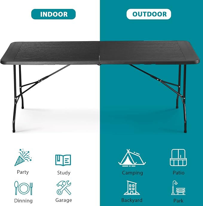 ZenStyle Indoor Outdoor Heavy Duty Plastic Folding Table Portable Picnic Table Fold-in-Half Utility Table w/Handle and Steel Legs for Camping, Dining, Party (Black, 6ft)