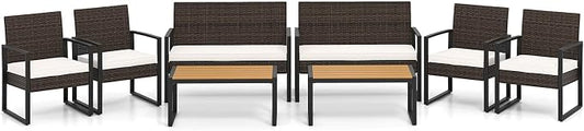 Tangkula 8 Pieces Patio Furniture Set, Outdoor Rattan Conversation Set w/Cushioned Chairs & Wood Plastic Coffee Table, Wicker Sectional Seating Furniture for Backyard, Poolside, Porch (Off White,2)